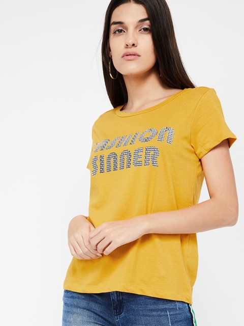 

Ginger by Lifestyle Women Mustard Yellow & Black Printed Round Neck T-shirt