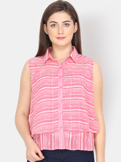 

Yaadleen Women Pink & Off-White Striped Shirt Style Top