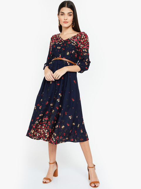 

CODE by Lifestyle Women Printed Navy Blue Fit and Flare Dress
