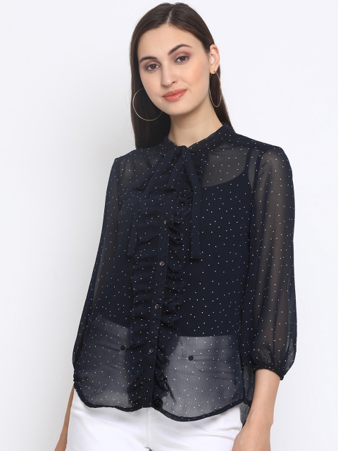 

SQew Women Navy Blue Printed Shirt Style Top