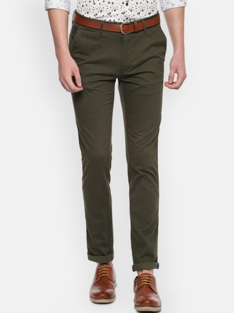 

V Dot Men Olive Green Slim Fit Checked Regular Trousers