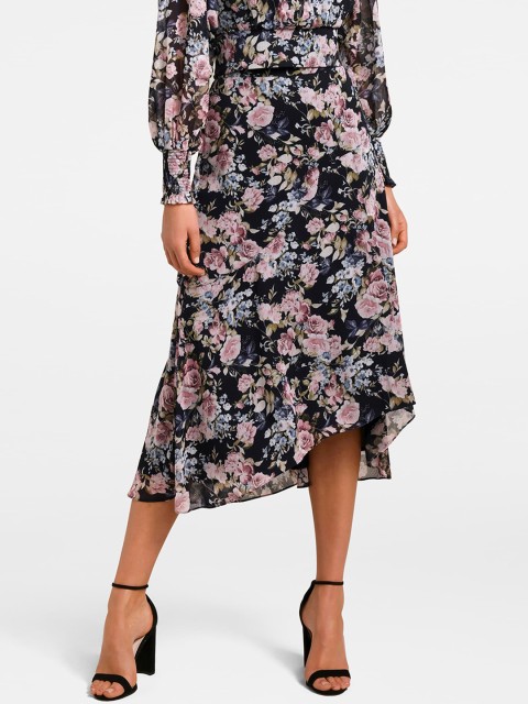 

Forever New Women Black & Peach Coloured Printed High-Waist Maxi Skirt, Navy blue