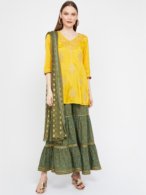 

Melange by Lifestyle Women Yellow & Olive Green Embroidered Kurta with Sharara