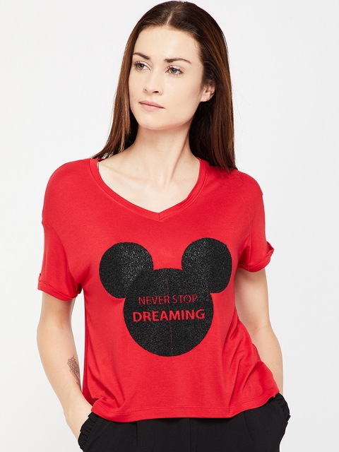 

Ginger by Lifestyle Women Red & Black Mickey Mouse Printed V-Neck T-shirt