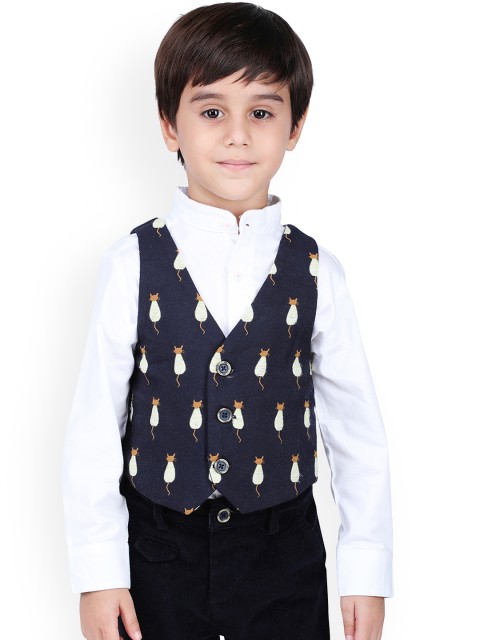 

One Friday Boys Navy Blue Printed Pure Cotton Pure Cotton Waistcoat