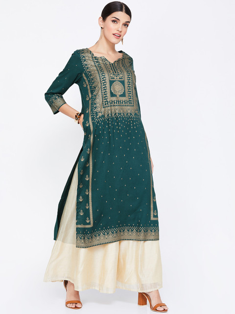 

Melange by Lifestyle Women Teal Green Printed Straight Kurta