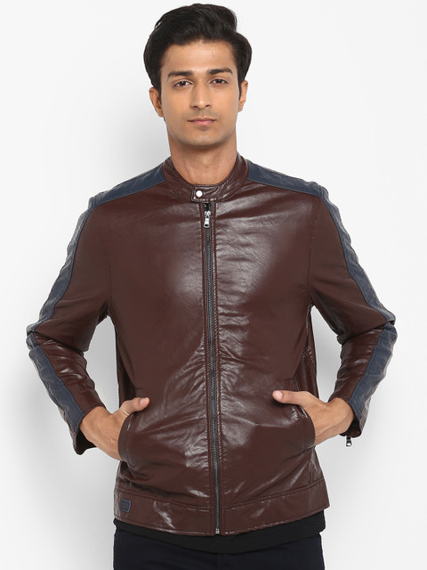 

Mufti Men Brown Colourblocked Leather Jacket