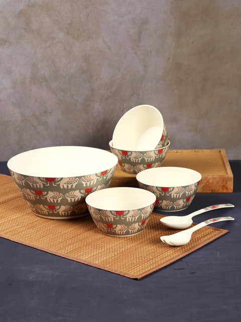 

India Circus by Krsnaa Mehta Cream-Coloured 7-Pieces Printed Bamboo Bowls Set