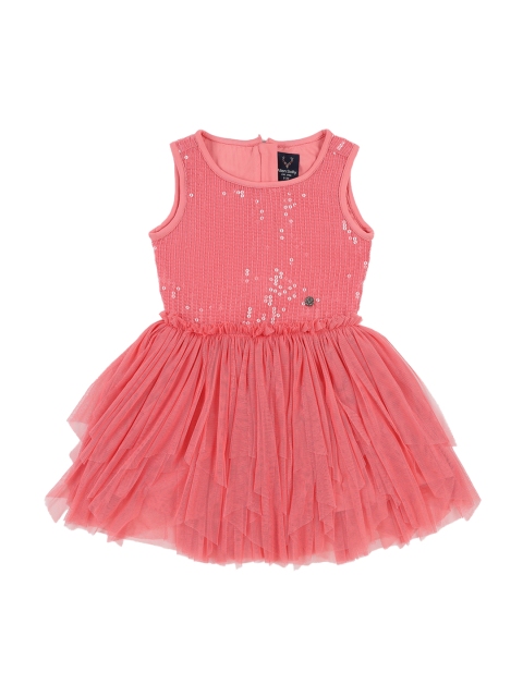 Allen Solly Junior Girls Peach-Coloured Sequinned Fit and Flare Dress