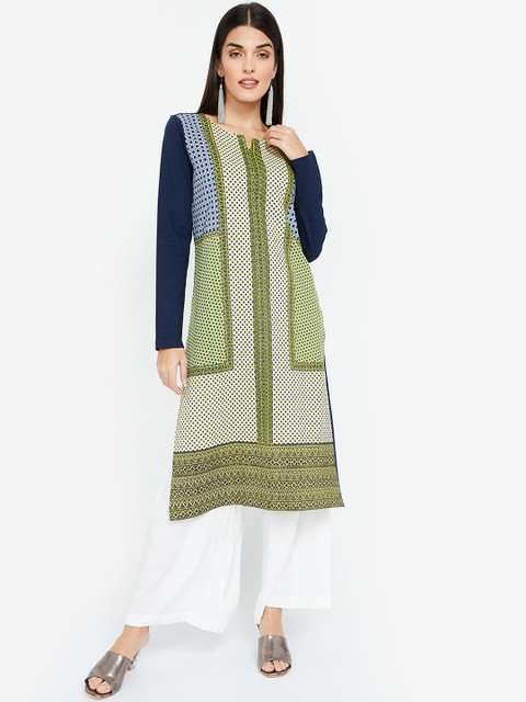 

Melange by Lifestyle Women Navy Blue & Green Printed Straight Kurta