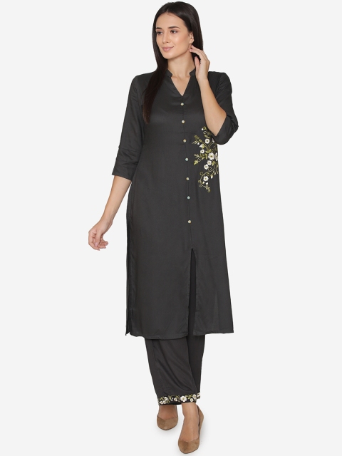 

Laabha Women Charcoal Grey Embroidered Kurta With Palazzos