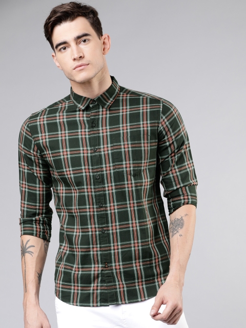 

HIGHLANDER Men Olive Green & Orange Slim Fit Checked Casual Shirt