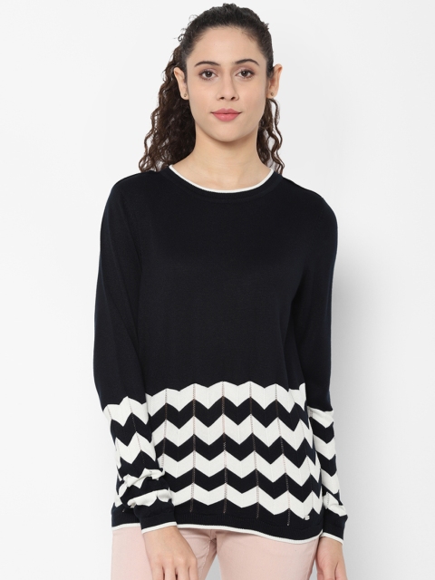 

Allen Solly Women Navy Blue & White Solid Sweater