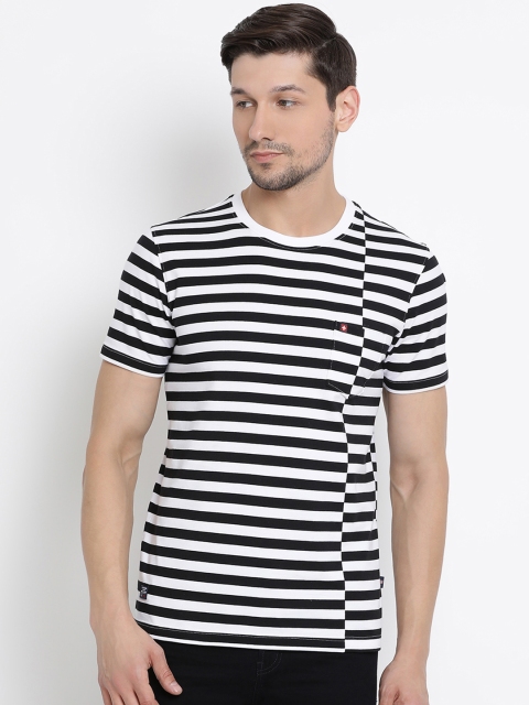 

SWISS MILITARY Men Black & White Striped Round Neck Slim Fit T-shirt