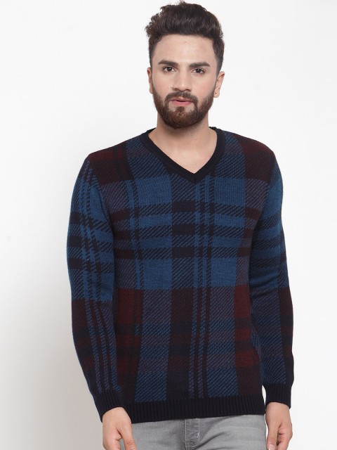 

Kalt Men Blue & Red Checked Acrylic Sweater