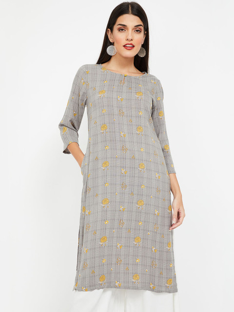 

Melange by Lifestyle Women Grey & Yellow Checked Straight Kurta