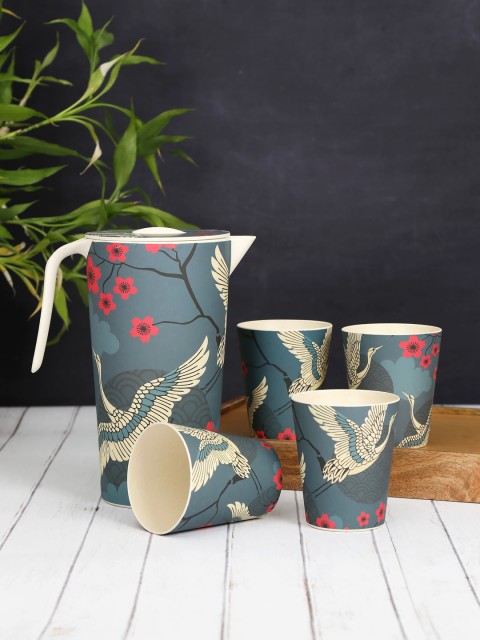 

India Circus by Krsnaa Mehta Blue Set Of 5 Printed Bamboo Water Jugs