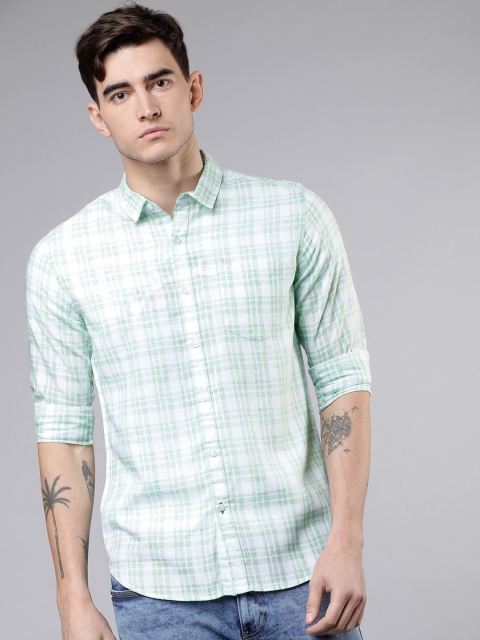 HIGHLANDER Men White & Green Slim Fit Checked Casual Shirt