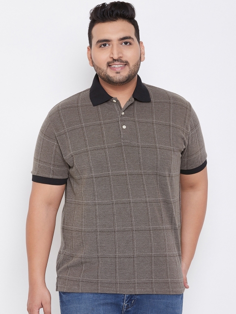 

bigbanana Plus Size Men Brown Checked Polo Collar Bio Finish T-shirt