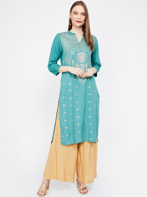 

Melange by Lifestyle Women Turquoise Blue & Gold-Coloured Printed Straight Kurta