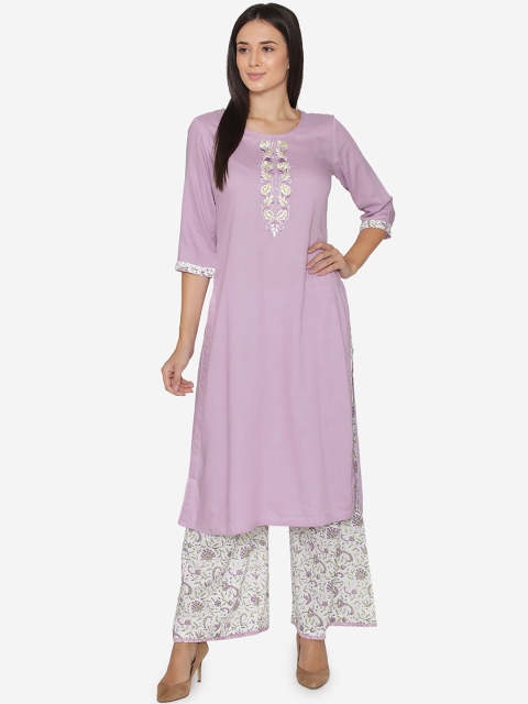 

Laabha Women Mauve Embroidered Kurta With Palazzos