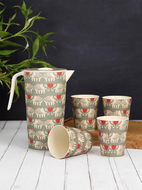 

India Circus by Krsnaa Mehta Cream-Coloured Set Of 5 Printed Bamboo Water Jug
