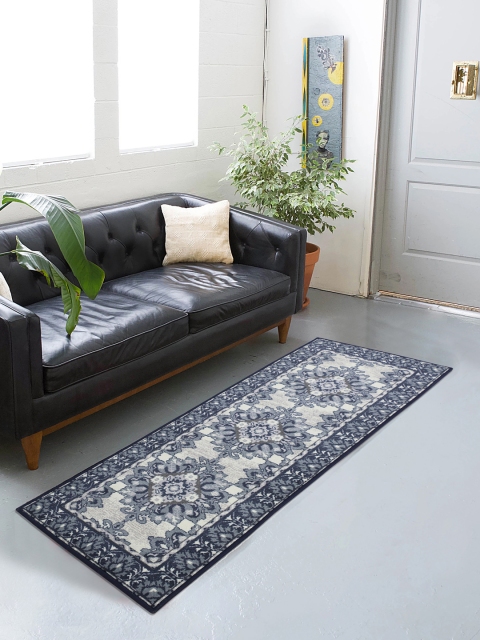 

RUGSMITH Grey & Blue Printed Anti-Skid Floor Runner