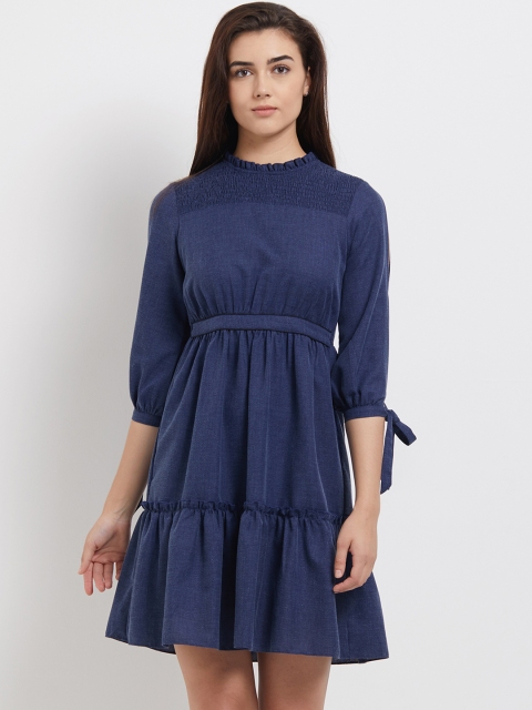 

109F Women Solid Navy Blue Tiered Smocked Empire Dress