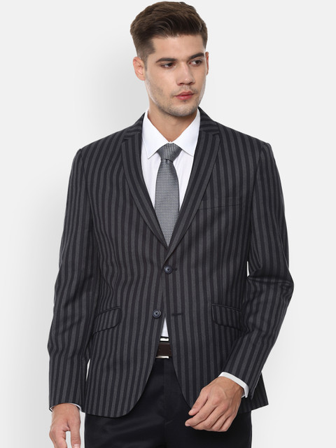 

V Dot Men Grey Striped Slim-Fit Single-Breasted Formal Blazer