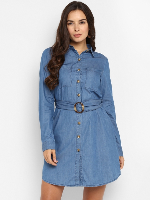 

FOSH Women Navy Blue Denim Shirt Dress