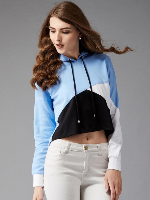 

DOLCE CRUDO Women Blue Colourblocked Hooded Sweatshirt