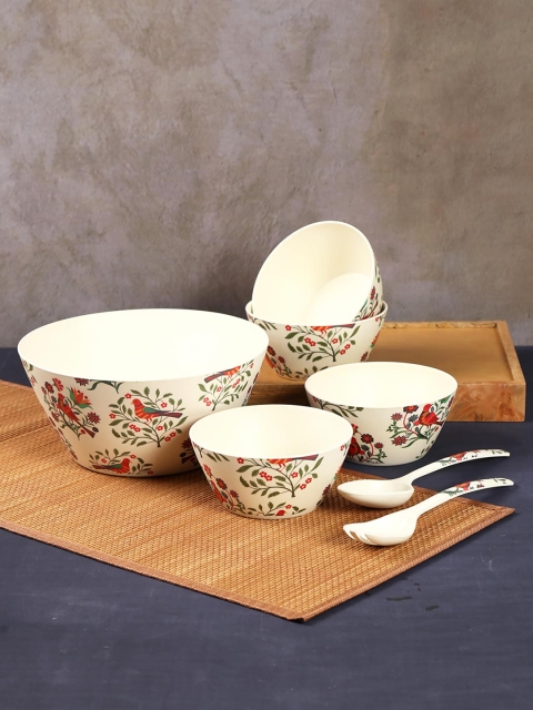 

India Circus by Krsnaa Mehta Cream-Coloured & Red 7-Pieces Printed Bamboo Bowls Set