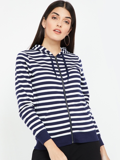 

Bossini Women Navy Blue & White Striped Hooded Sweatshirt