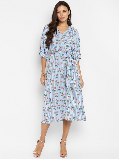 

FOSH Women Blue & White Floral Printed Fit and Flare Dress