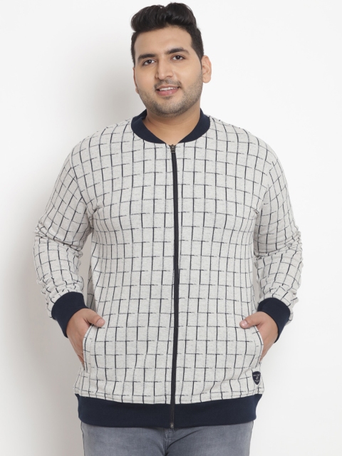 

John Pride Plus Size Men Off-White Navy Blue Checked Front-Open Sweatshirt