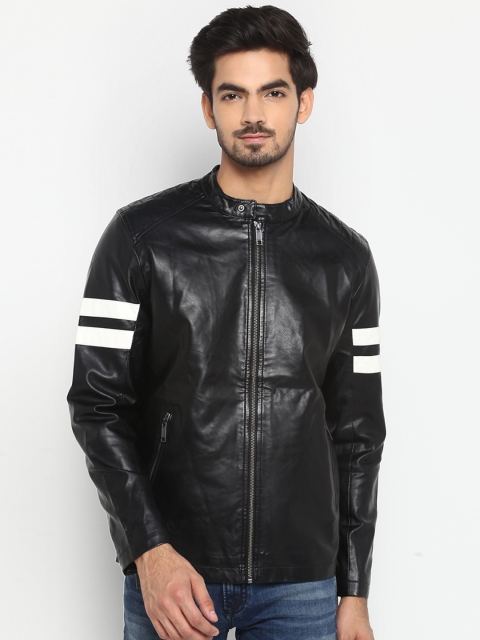 Mufti Men Black Striped Leather Jacket