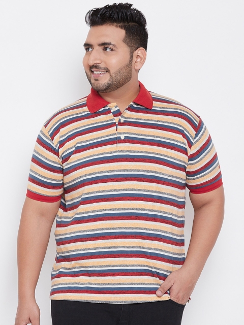 

bigbanana Plus Size Men Yellow Striped Polo Collar Bio Finish T-shirt
