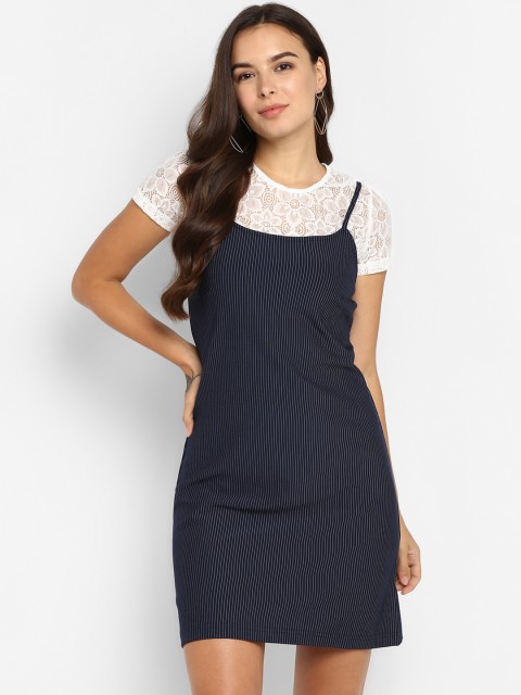 

FOSH Women Striped Blue Denim Pinafore Dress