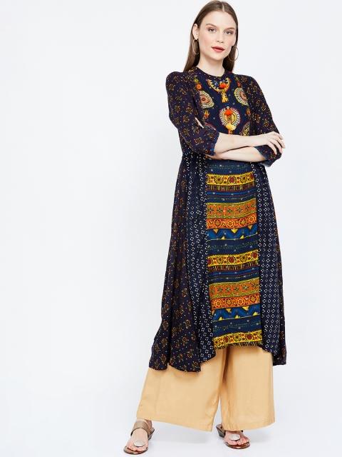 

Melange by Lifestyle Women Navy Blue & Yellow Printed A-Line Kurta