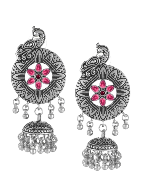 

Mali Fionna Silver-Toned & Pink Dome Shaped Jhumkas