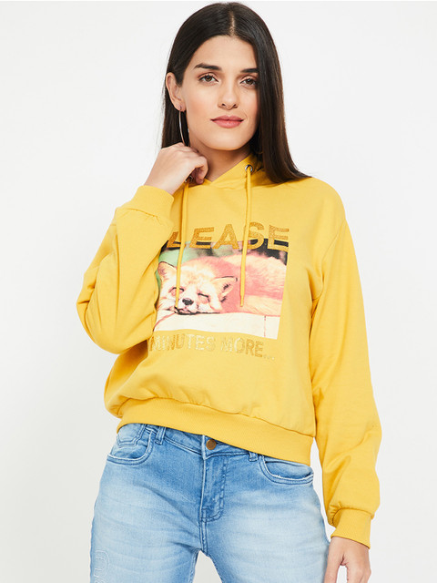 

Ginger by Lifestyle Women Mustard Yellow Printed Hooded Pullover Sweatshirt