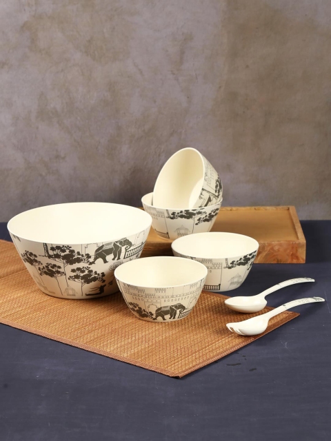 

India Circus by Krsnaa Mehta Black 7-Pieces Printed Bamboo Bowls Set