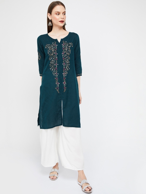 

Melange by Lifestyle Women Teal Blue Embroidered Straight Kurta