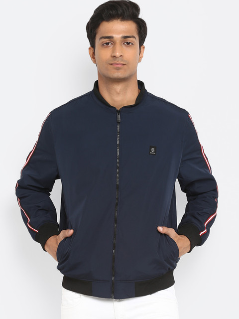 

Mufti Men Navy Blue Striped Bomber Jacket