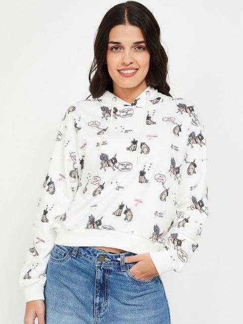 

Ginger by Lifestyle Women Off-White & Grey Printed Hooded Pullover Crop Sweatshirt