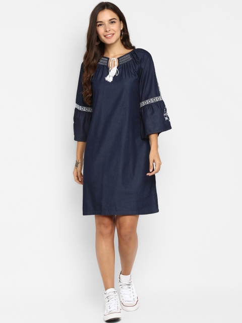 

FOSH Women Solid Blue A-Line Dress