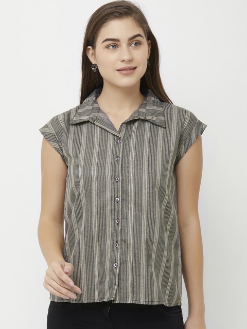 

109F Women Grey Melange Striped Shirt Style Top