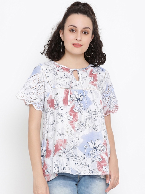 SQew Women Blue Floral Print Schiffli A-Line Top