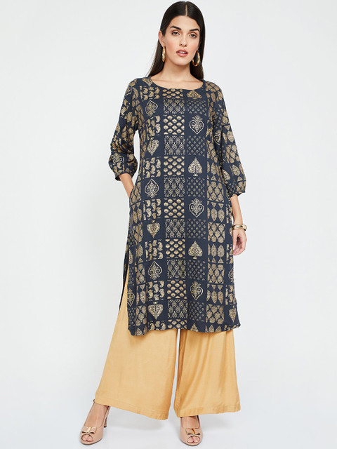 

Melange by Lifestyle Women Navy Blue & Cream-Coloured Printed Straight Kurta