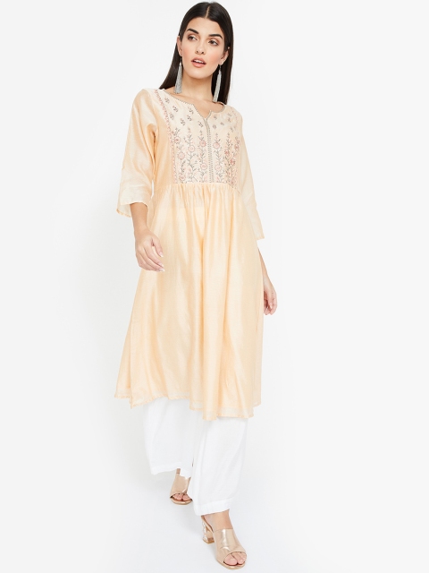 

Melange by Lifestyle Women Peach-Coloured Embroidered A-Line Kurta